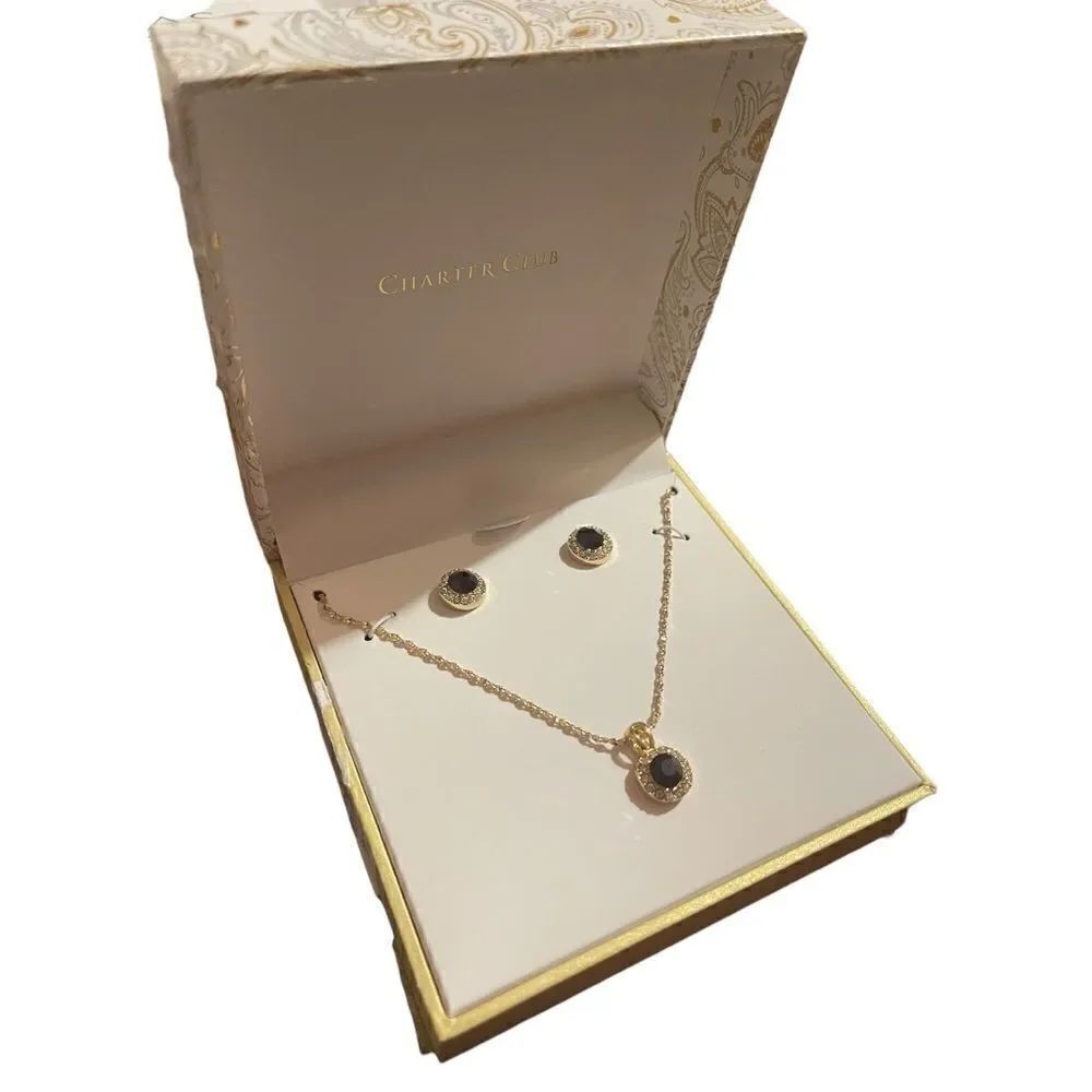 NWT CHARTER CLUB SilverTone Halo Pendant Necklace & Stud Amethyst Birthstone Set